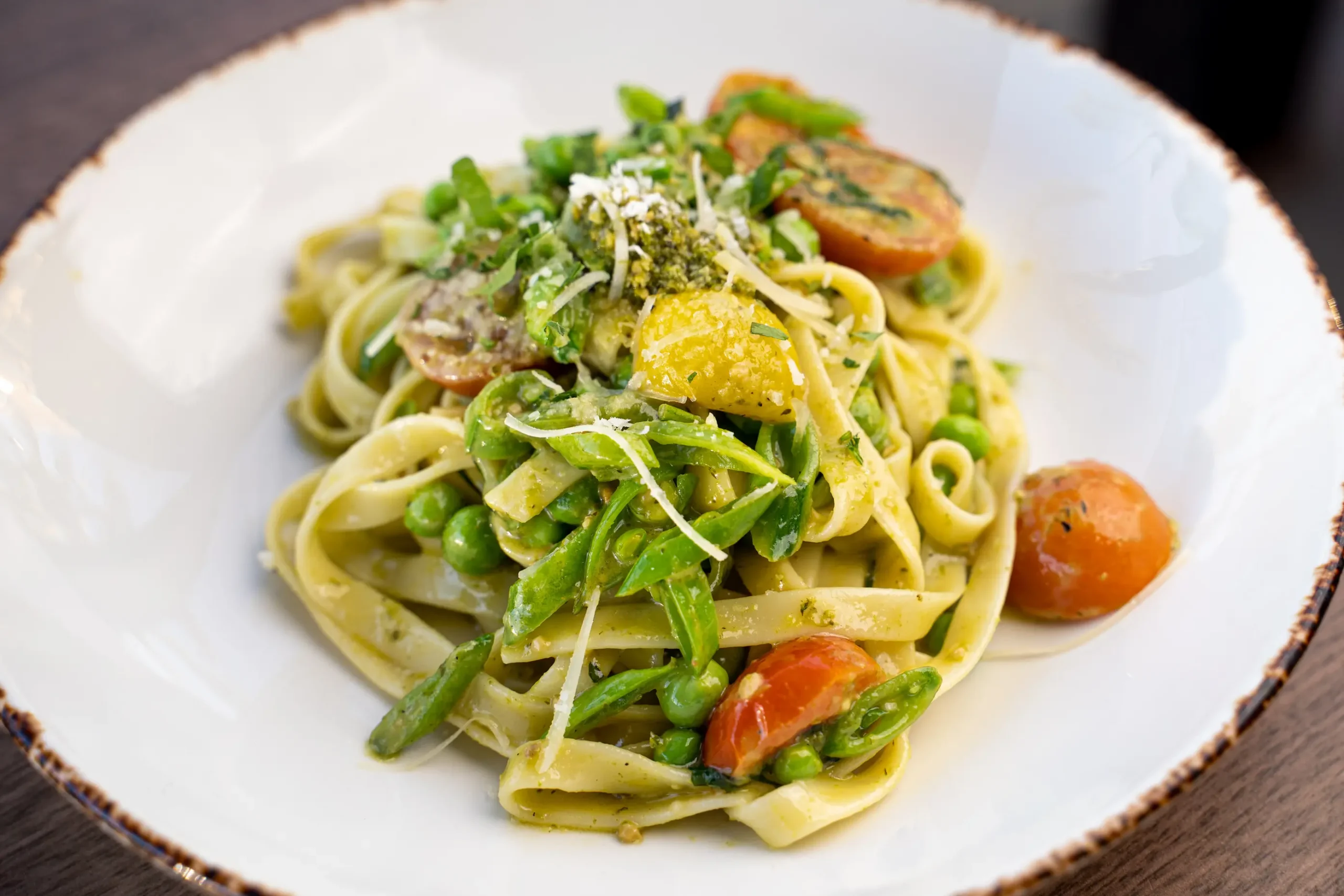 pasta with mint and pesto bright red tomatoes 